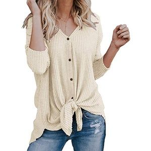 NWT Waffle knit slouchy button long sleeve cream top tunic cardigan roomy XL